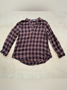 Beach Lunch Lounge Brown Black Plaid Long Sleeve V-Neck Shirt Blouse Women's M